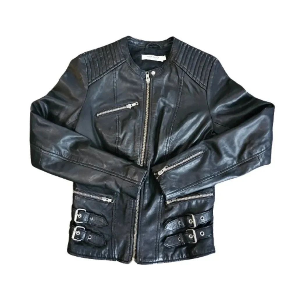 Naf Naf Women's Black Zipper Front Biker Leather Jacket Size 34